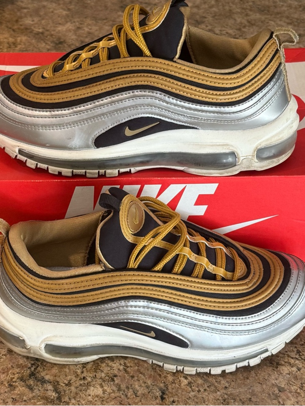 Nike Air Max 97 Silver, Gold, and Black Size 39/8 w/box
